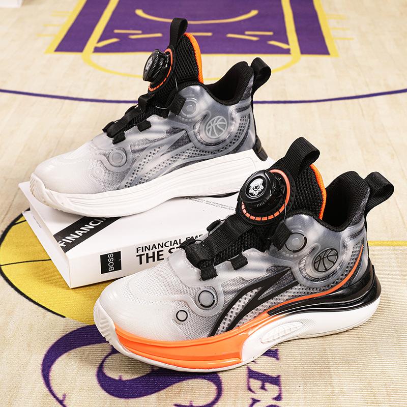 Breathable boys' basketball shoes 2025 spring and summer new classmates rotating button children's sneakers non-slip girls' sneakers