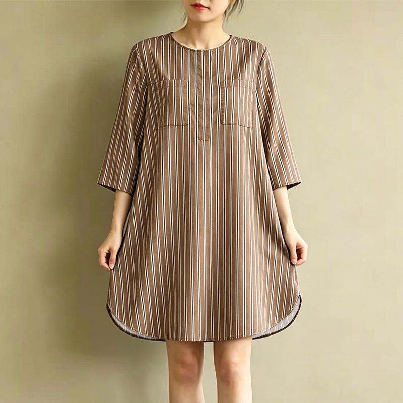 ZANZEA Women Casual Round Neck 3/4 Sleeve Stripe Loose Dress