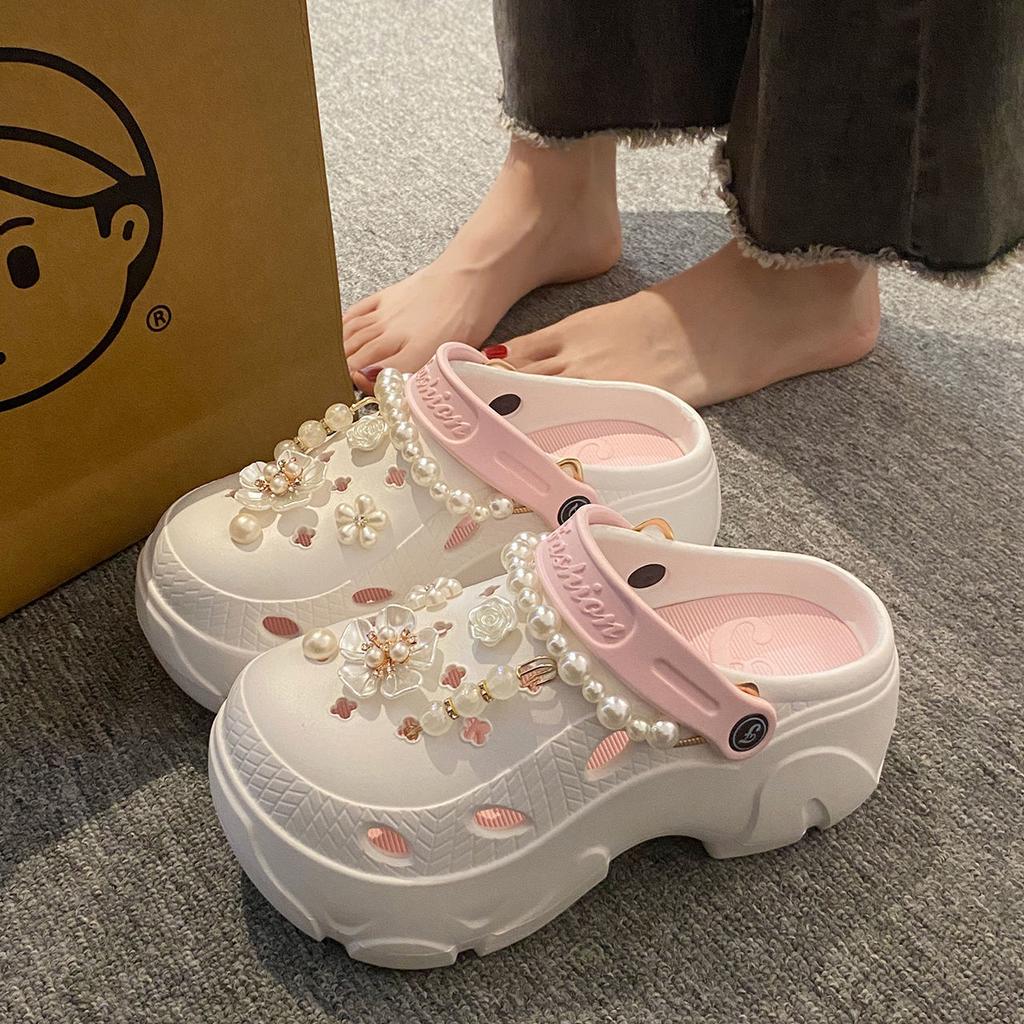 Pearl Chain Chunky Platform Sandals for Women Summer Thick Sole Beach Sandals Woman Flowers Non Slip EVA Clogs Garden Shoes