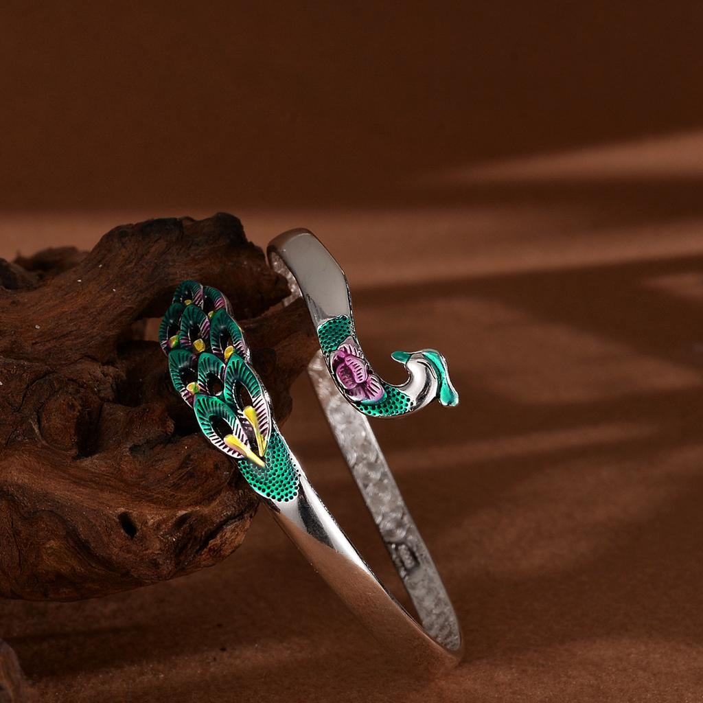 Manufacturer's Direct Sales Enamel Peacock Silver Bracelet with Ethnic Style Retro Phoenix Drop Glue Bracelet As A Birthday Gift for Friends