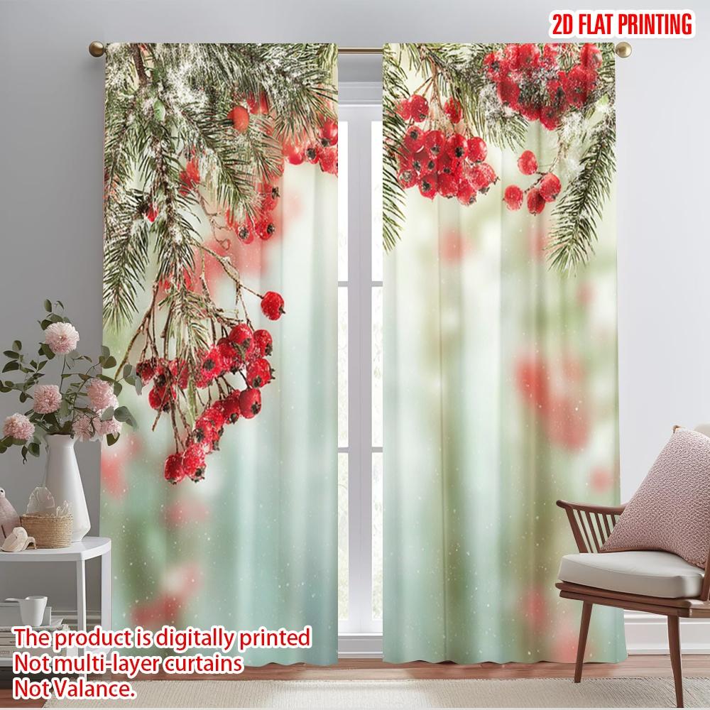 

2 шт., шторы с принтом 2D, узор из веток вечнозеленой пихты и красных спелых ягод падуба, 100% полиэстер (без удилища) Праздничное использование 52.50×116.00 CM 2pcs