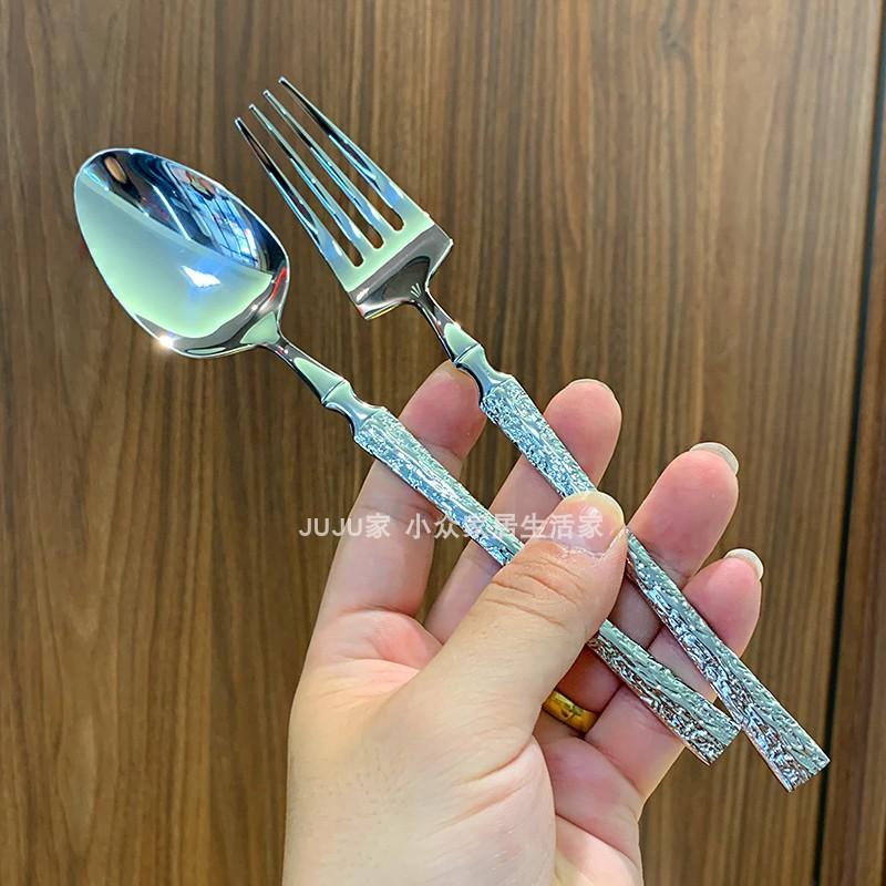 Patterned stainless steel small waist knife, fork and spoon set Patterned handle Stainless steel western tableware Patterned round spoon