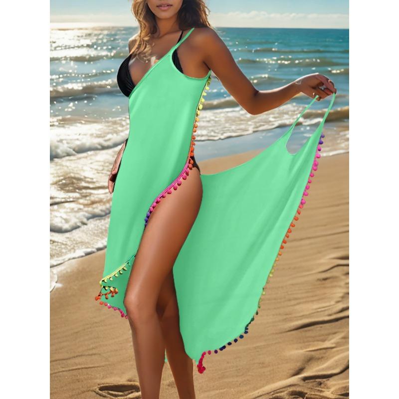 Women's Rainbow Pom Pom Trim Cover Up Dress Black Wrap Mermaid Beach Dress