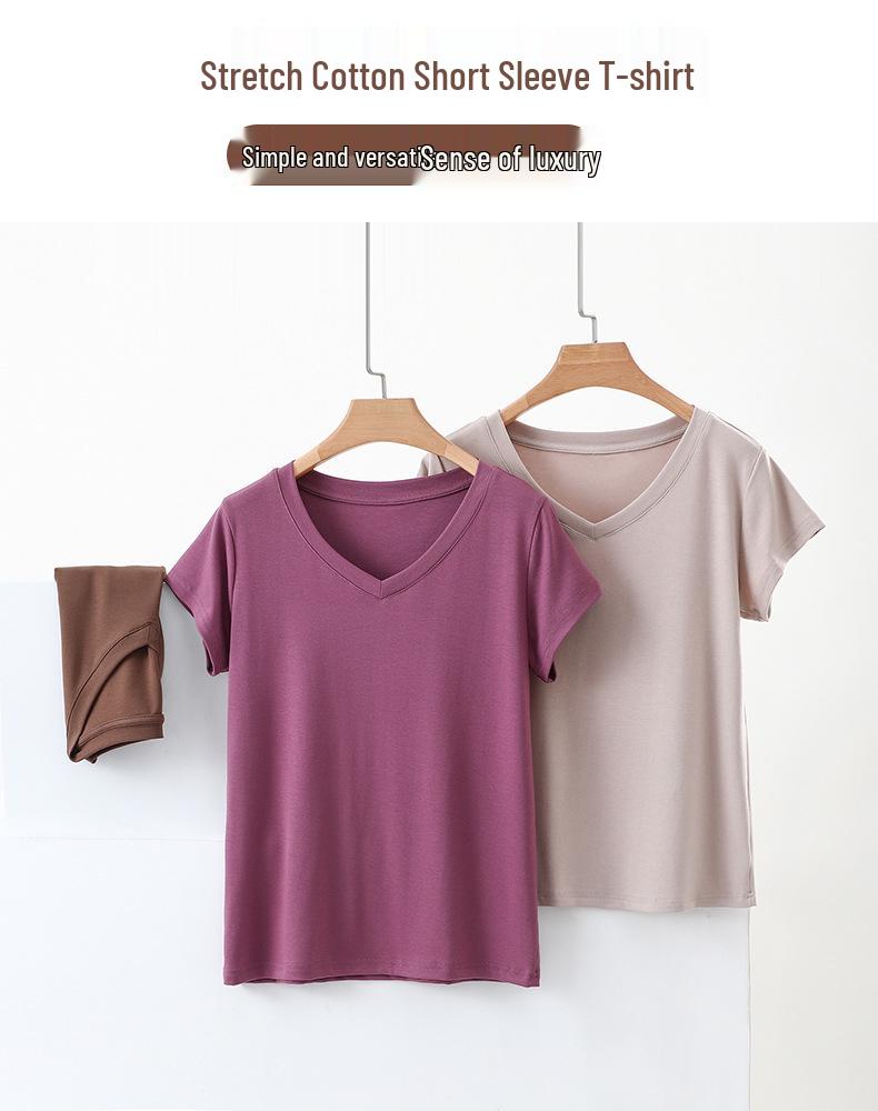 Dames 2025 Zomer Katoen V-Hals Korte Mouw Slankmakend Basic T-Shirt