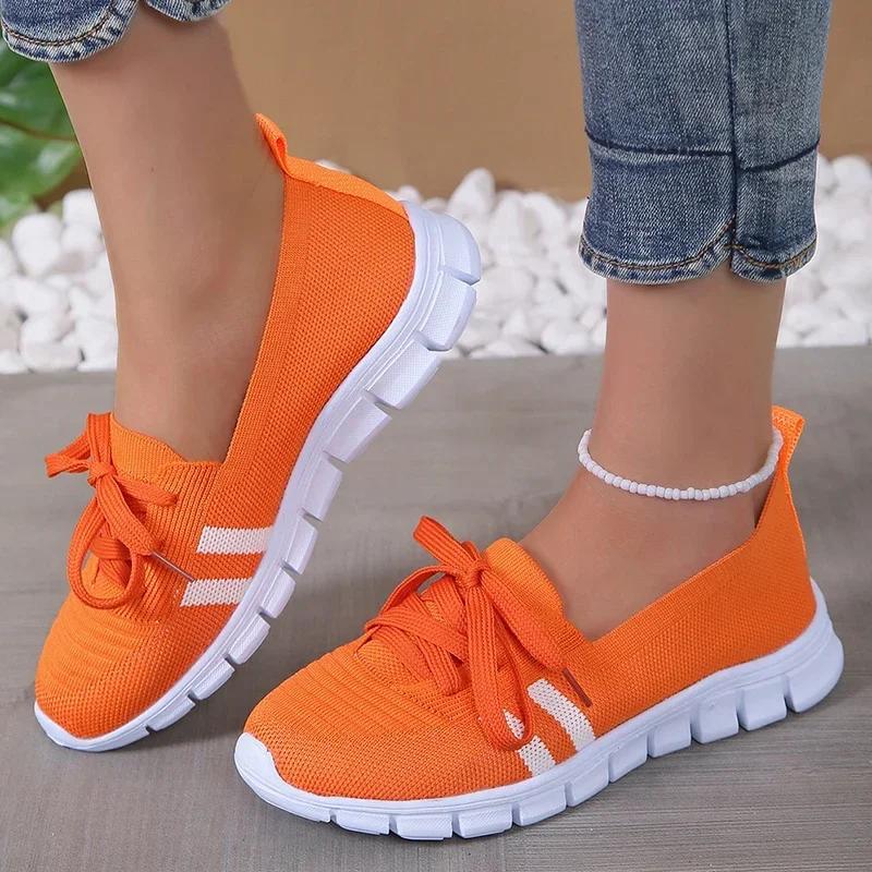 

Fashion Breathable Mesh Comfort Flats Orange Sneakers Women 2025 Autumn Lace Up Casual Loafers Shoes Soft Sole Non Slip Sports Shoes 43 43 оранжевый