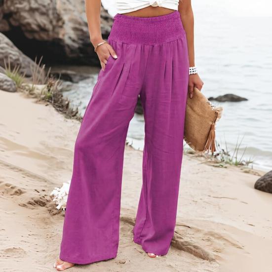 Women Pants Pleated Elastic Waist Straight Wide Leg Long Trousers with Pockets Pure Color Loose Fit Summer Lounge Pants