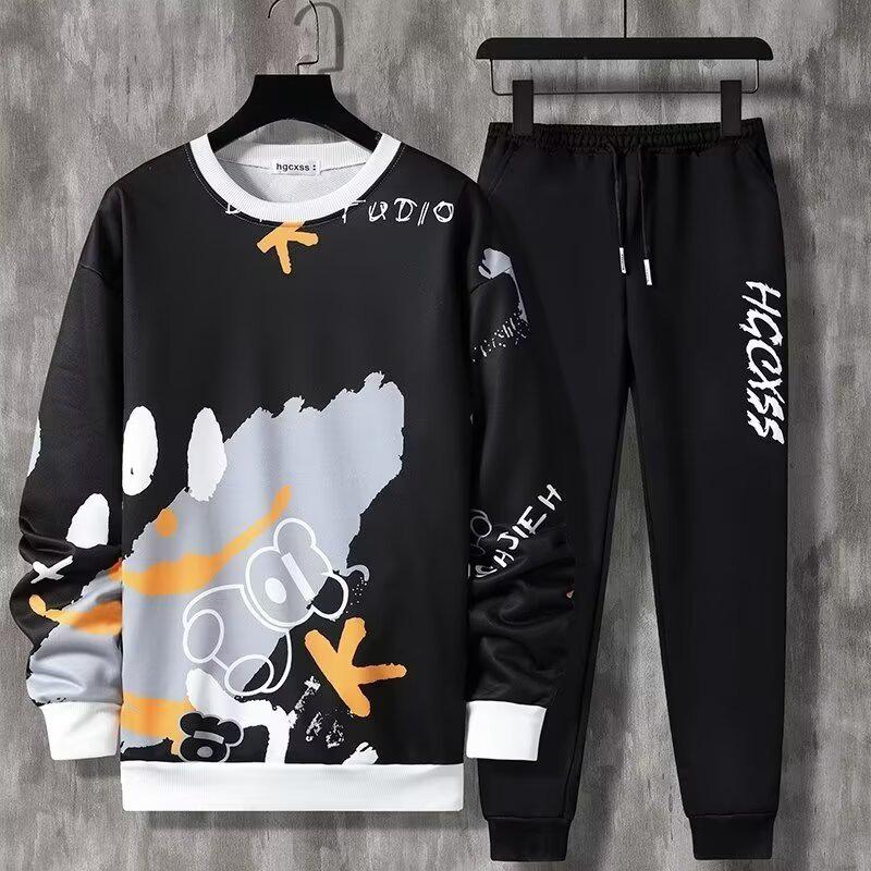 

Трендовый мужской спортивный комплект из двух предметов с принтом — длинный рукав, круглый вырез для подростков и студентов (Весна осень) XL