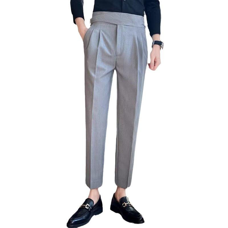 Men's Retro High-Waist Slim-Fit Trousers: Korean-Style, Solid Color, Straight-Leg, Autumn Casual Pants.