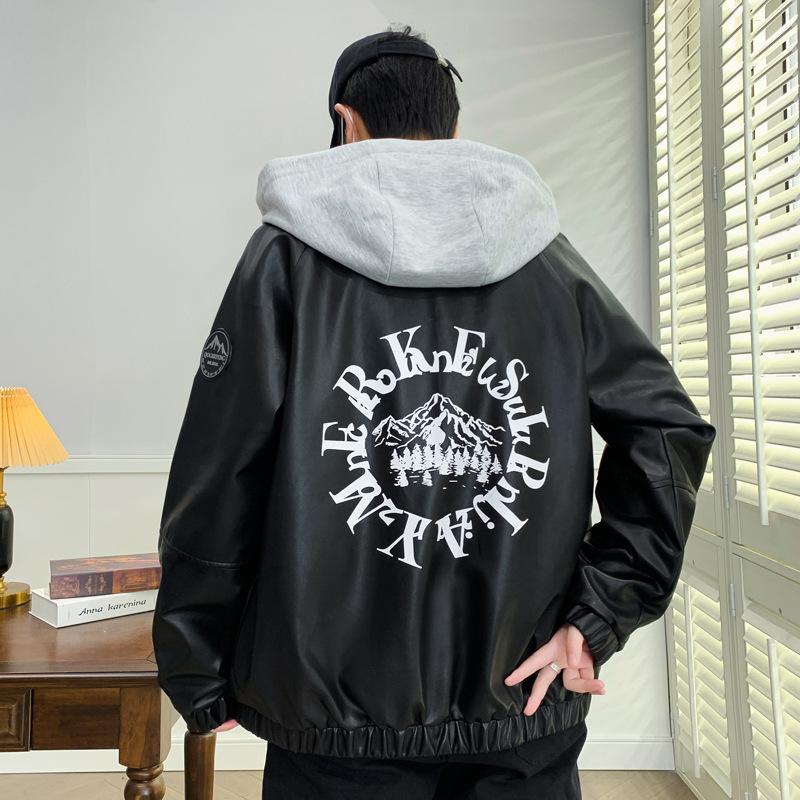 Youth Hong Kong Style Ecological PU Leather Jacket Autumn New Men's Versatile Loose Hooded Leather Jacket