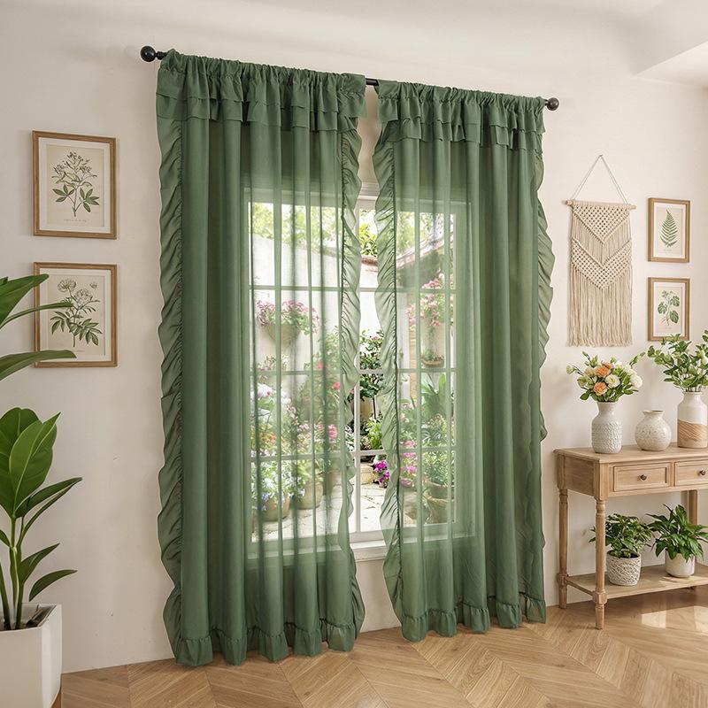 Perdea simplă, culoare solidă, cu volane și margini cu frunze, transparentă, pentru fereastră