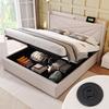 (=821415AAB) Upholstered Double Bed with Storage, USB Type C Charging Headboard, Linen Bed Frame, Youth Bed 180x200, Slatted Frame (Without Mattress)