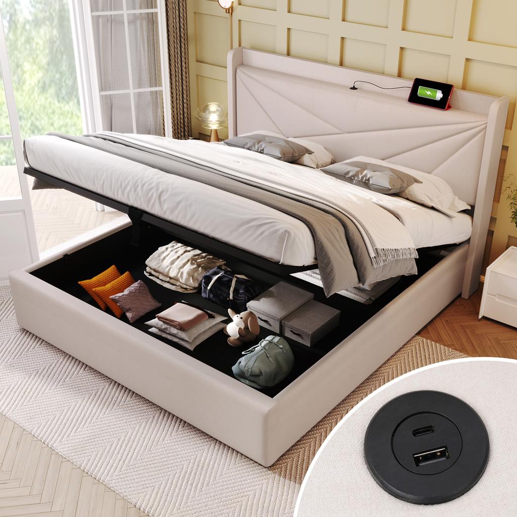 (=821415AAB) Upholstered Double Bed with Storage, USB Type C Charging Headboard, Linen Bed Frame, Youth Bed 180x200, Slatted Frame (Without Mattress)