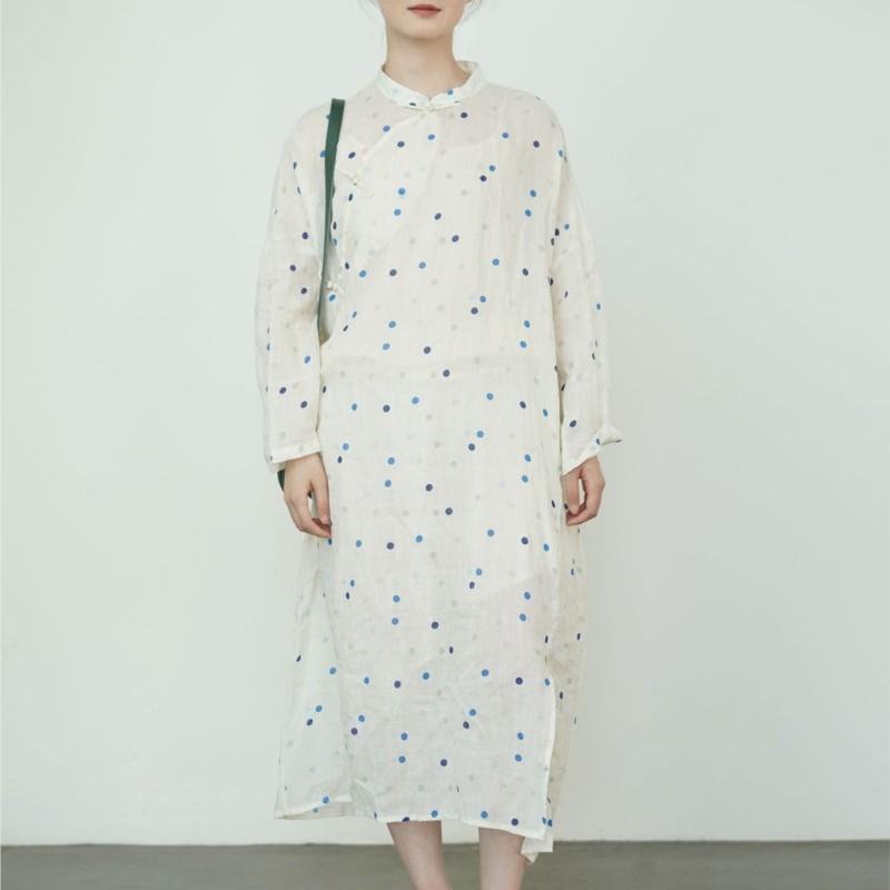 Johnature Women Vintage Polka Dot Dresses Stand Long Sleeve Summer Loose High Quality A-Line Dresses