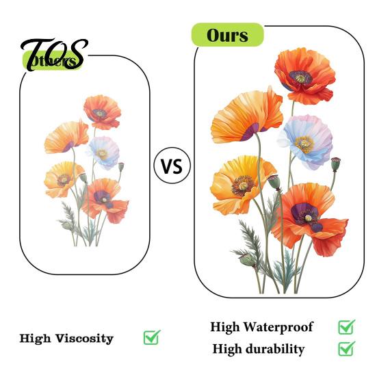 Waterproof Floral Window Clings 2Pcs Watercolor Flower Wall Stickers, PVC Decals, Peel And Stick DIY Murals for Home Art Decor, Removable Orange Vinyl