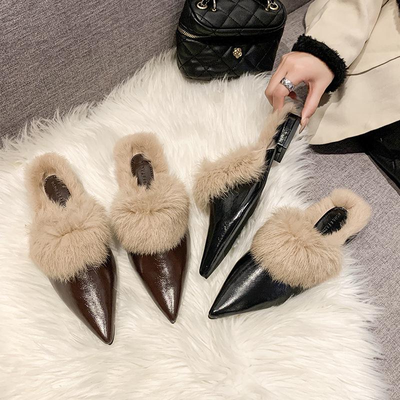 2024 Autumn Women's Closed-Toe Pointed Mules: Comfortable, Flat Heel, Non-Slip Fluffy Slippers for Outdoor Wear