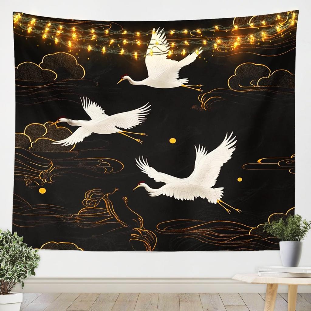 Japanese Crane Tapestry, Black Background with Red Sun, White Clouds and Sakura Print Wall Hanging for Bedroom,Living Room Decor