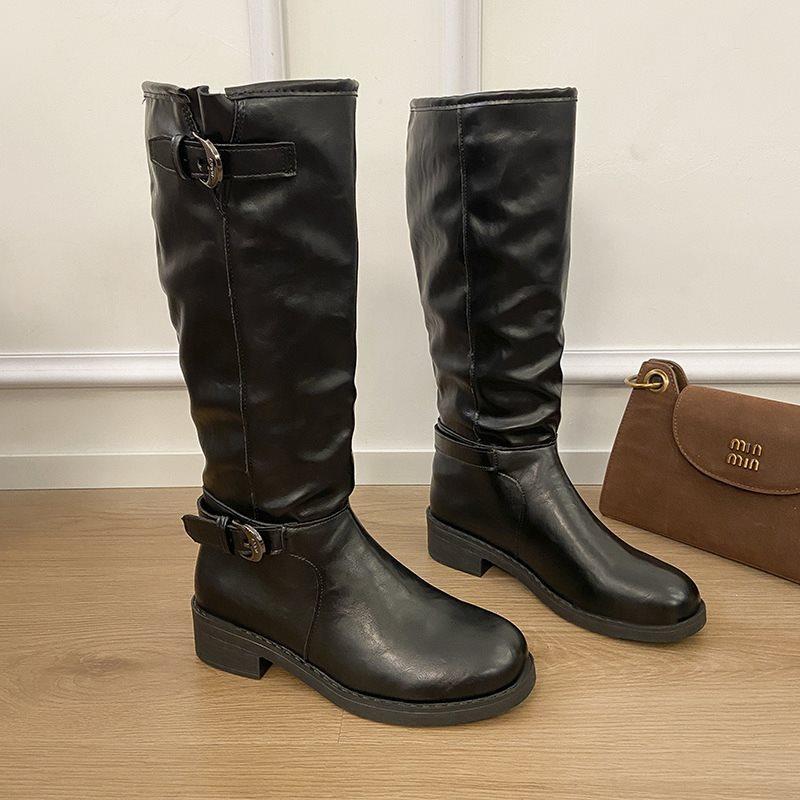 Belt buckle retro pleated new stacking boots women's autumn boots 2025 tall knight versatile large size boots