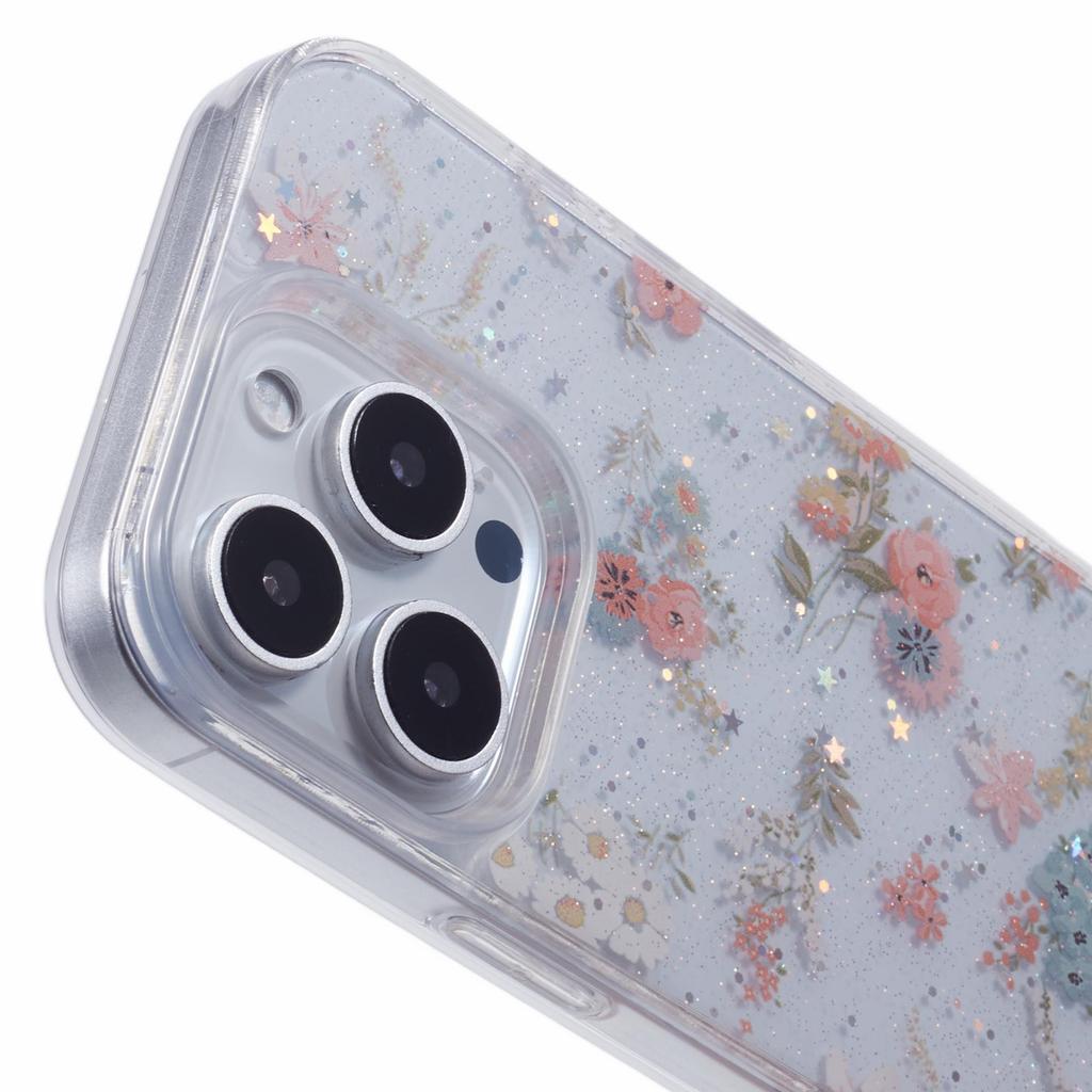 For iPhone 16 Pro Case Glitter Flower Epoxy Shockproof Phone Cover