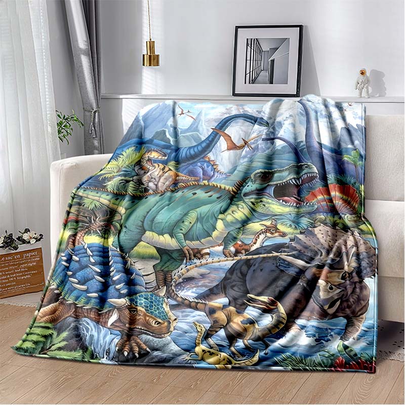 Fire T-Rex Dinosaur Print Flannel Blanket, Kids Prehistoric Throw Blanket