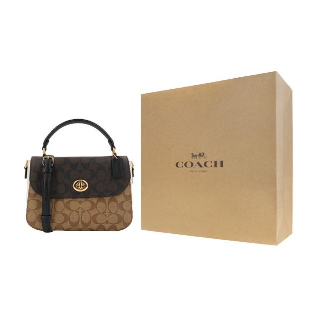 Coach Marlie 24 Color Block Turn-Lock Signature Canvas And Leather Small Cambridge Satchel Bag Women Handbags Black Dark-Brown C1563-IMNOX