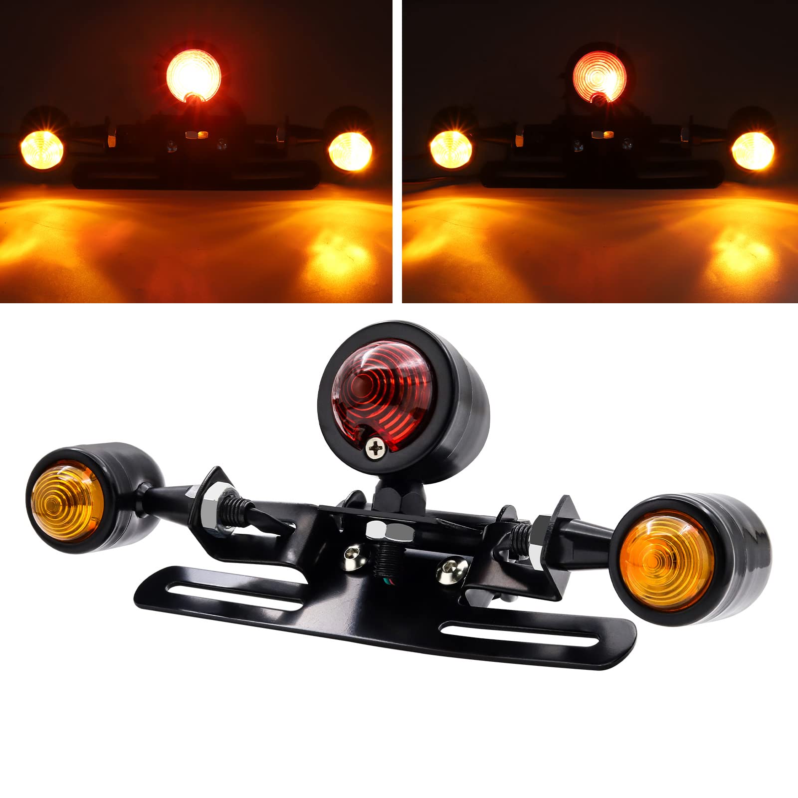 

X-STYLE Motorcycle Taillight, Round, with License Plate Light and Brake Light Bracket, Integrated Auxiliary Light, 12V, Red, Dress-up, Custom Part, Un