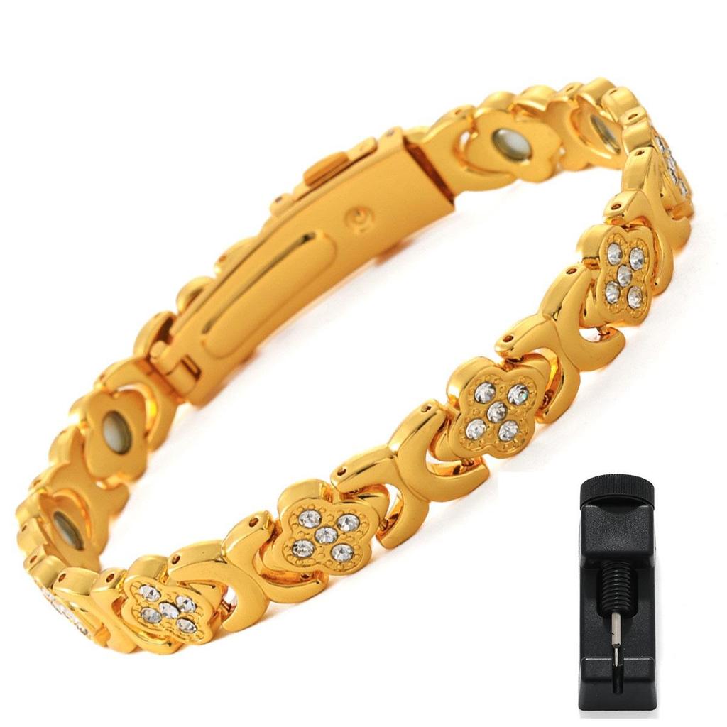 European & American Magnetic Bracelet: Fashionable Four-leaf Clover Alloy with Diamond Inlay, Single Row Magnetic Jewelry for Women.