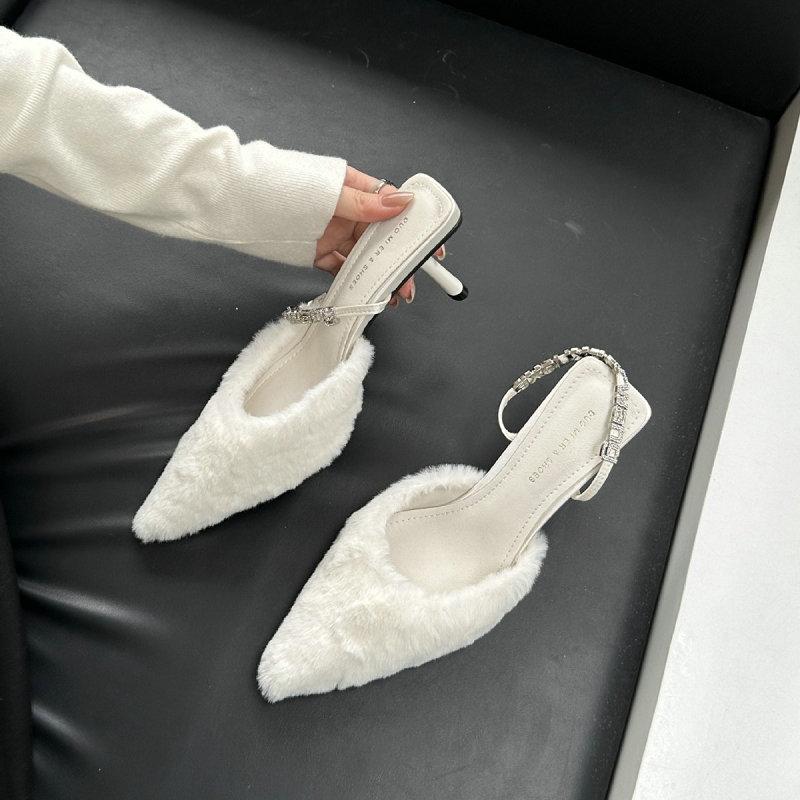 Fashion 2025 New Pointy Thin Heels Europe And The United States Fashion High Heels Fur Shoes Bao Head Sandals Empty A Line With A Middle