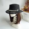 Foreign Trade Export Hand-Woven Black White Panama Flat Top Top Hat Women'S Summer Vacation Beach Straw Hat Travel