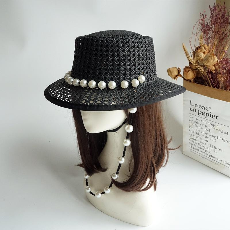 Foreign Trade Export Hand-Woven Black White Panama Flat Top Top Hat Women'S Summer Vacation Beach Straw Hat Travel