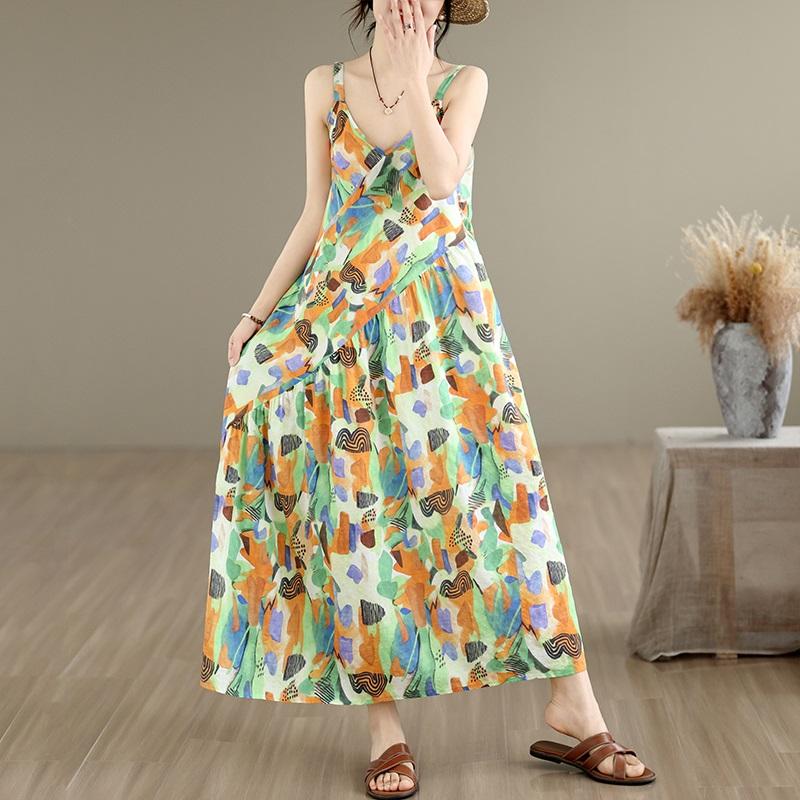 Sleeveless Strap Cotton Vintage Floral New In Dresses For Women Casual Loose Long Summer Dress Elegant Clothing