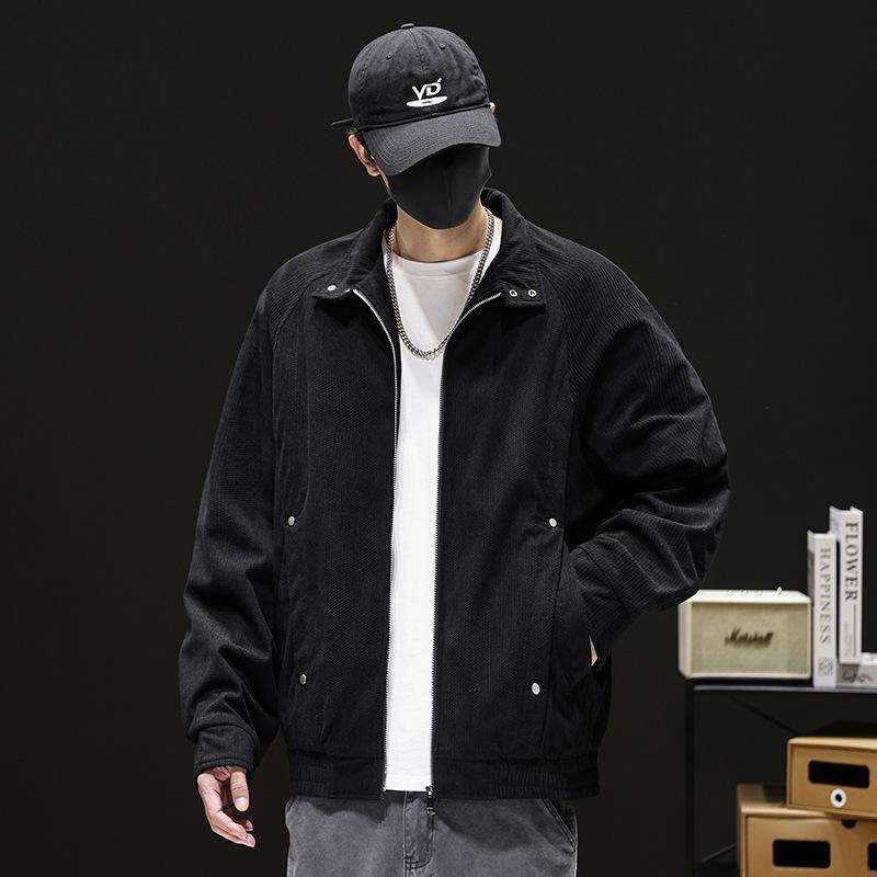 Men s Brown Corduroy Texture Zip Up Bomber Jacket - Oversized Casual Streetwear Harrington Jacket M чёрный