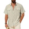 Men's Short Sleeve Linen Work Shirt - Lightweight Breathable, Two Pockets, Collar, Relaxed Fit