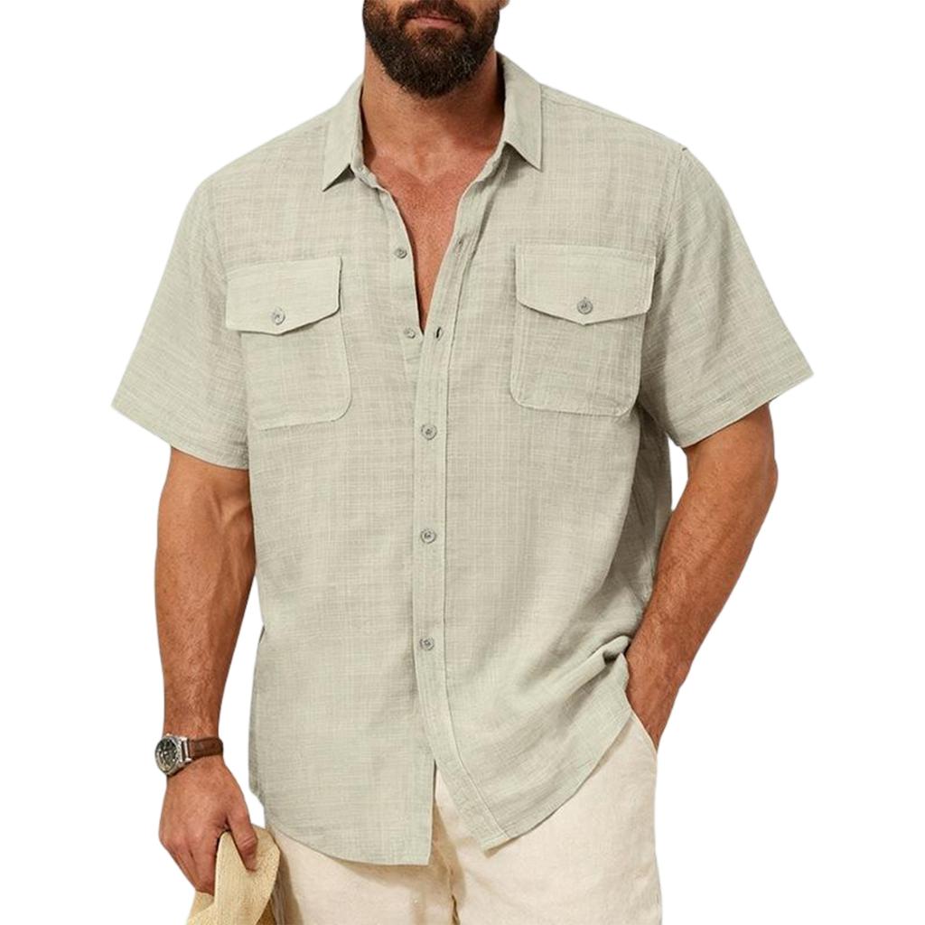 Men's Short Sleeve Linen Work Shirt - Lightweight Breathable, Two Pockets, Collar, Relaxed Fit