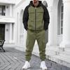 Mens Color Block Raglan Sleeve Hooded Zip Up Cargo Sweatshirt And Jogger Pants Two Piece Set