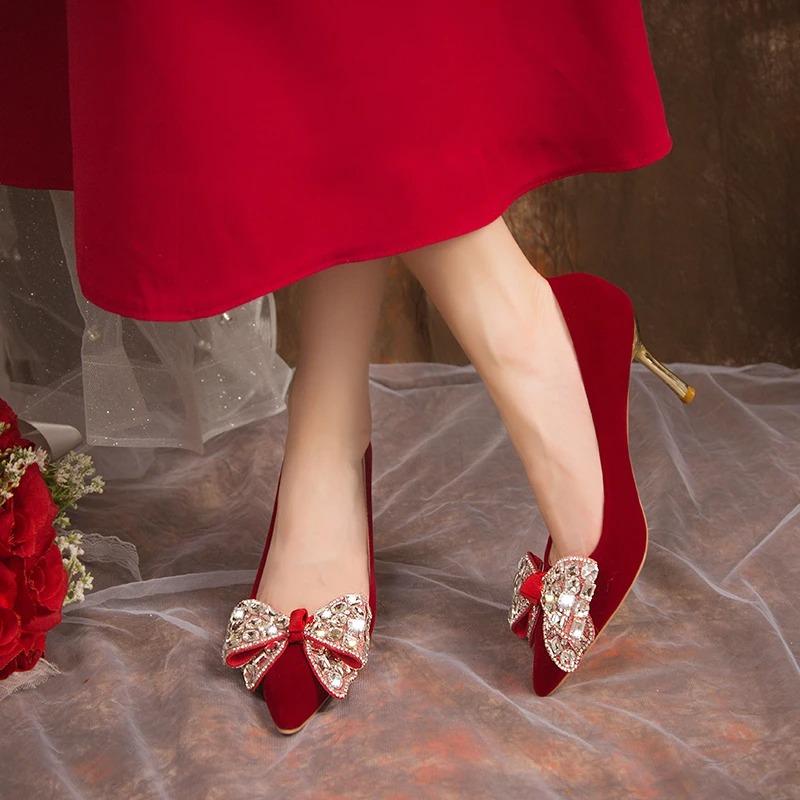 Fashion Red Bling Big Crystal Pumps Women Bowtie Flock Thin Heeled Wedding Party Shoes Woman Shiny Rhinestones High Heels Shoes