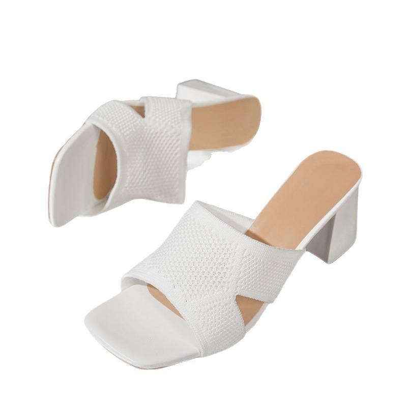 Large Size Slippers Women's Outer Wear Summer New Knitted Thick Heel One-word Drag Fashion High Heel Cool Slippers Women