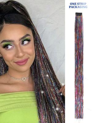 Synthetic Wig Extension 24inch Sparkle Shiny Tinsel Hair Gold Thread Colorful BB Clip Hair Extension
