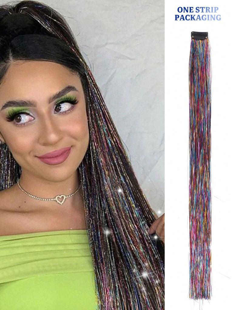 Synthetic Wig Extension 24inch Sparkle Shiny Tinsel Hair Gold Thread Colorful BB Clip Hair Extension