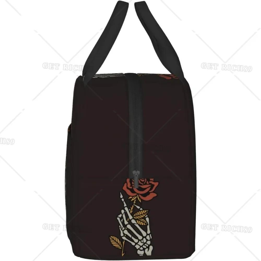 Skeleton Hand Holding Rose Lunch Bag for Women Men Valentine's Day Insulated Lunch Box with Pocket Zippers for Adult Work