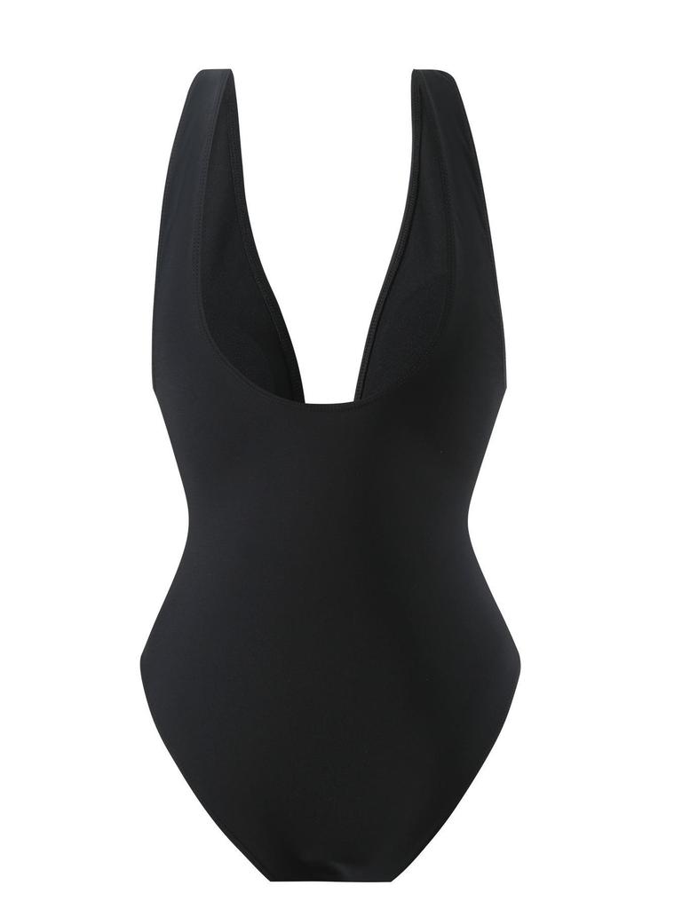Black Sexy One-Piece Deep V-Neck Bikini with Large Open Back - Women's European & American Style Swimsuit