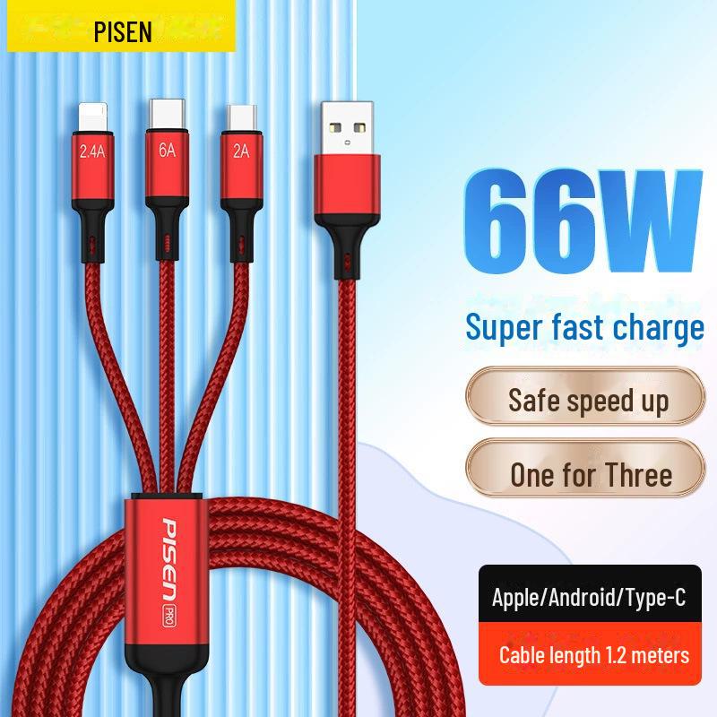 PISEN 3-in-1 Multi-Function Charging Cable: Compatible with Apple 14, Android, Type-C Devices.