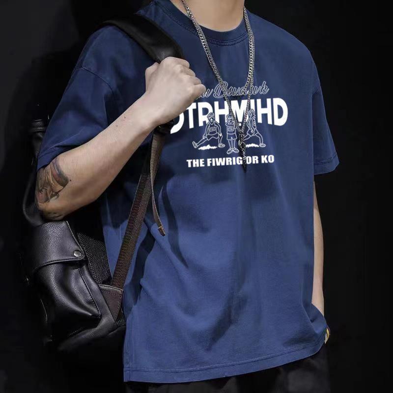 

Летняя мода, мужская футболка из чистого хлопка с круглым вырезом и половиной рукавов, повседневная свободная футболка, мужской пуловер в стиле хип-хоп, рубашка 3XL темно-синий