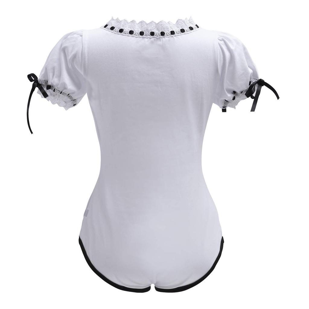 [LittleForBig] Adult Lolita Romper with Ribbon Bow and Lace, Front-Opening Cotton Pajamas, White, Size M