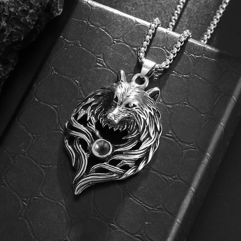 Stainless Steel Celtic Knot Wolf Head Pendant Necklace for Men Retro Nordic Punk Ornament Halloween Gift