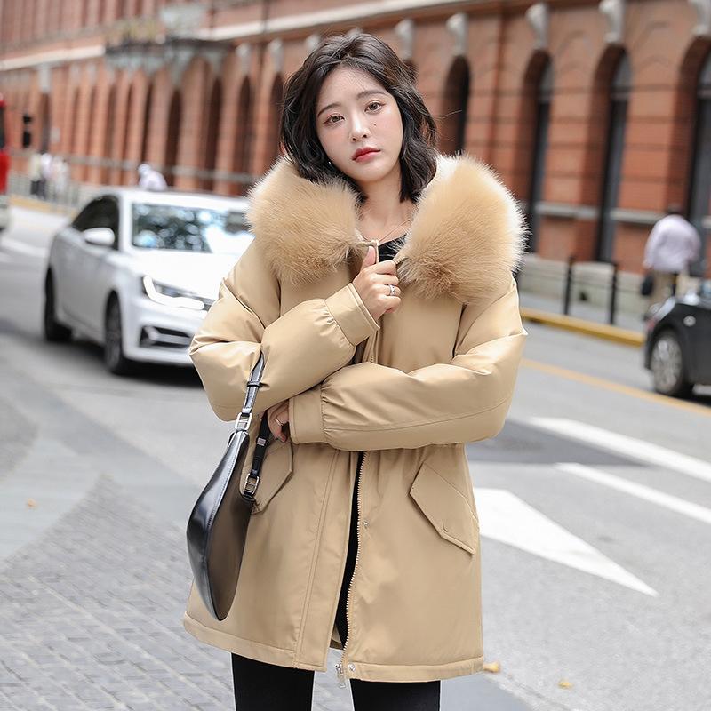 

Зимняя хлопковая одежда с подкладкой, новое свободное женское зимнее пальто, куртка средней длины с капюшоном и меховым воротником. M хаки