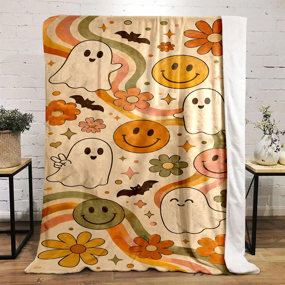 Cute Ghosts and Smiley Faces Blanket Design Patterned flannel blanket perfect for the bedroom living room, sofa, or a little nap