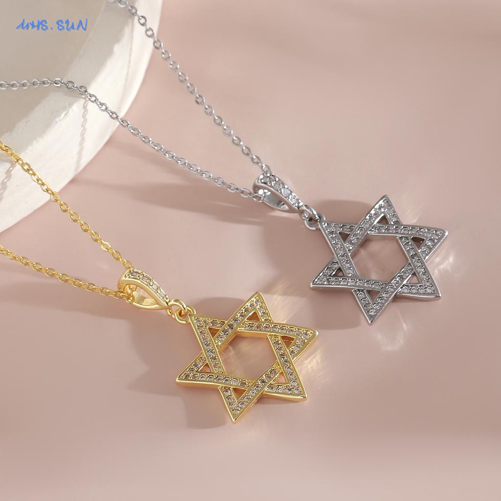 MHS.SUN Luxury Star of David Necklaces for Women Men Fashion Hollow Hexagonal Star Pendant Chain Necklace Judaica Jewish Jewelry