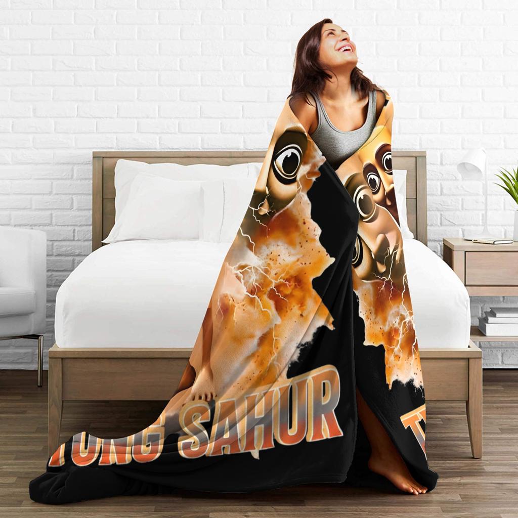 Tung Tung Tung Sahur Blanket Cover Flannel Italian Brainrot Meme Lightweight Thin Throw Blanket for Outdoor Travel Bedroom Quilt