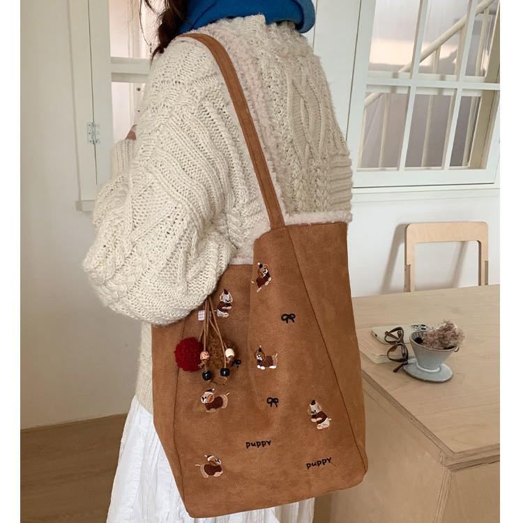 Embroidered Plush Tote Backpack - Double-Sided Design for Commuting