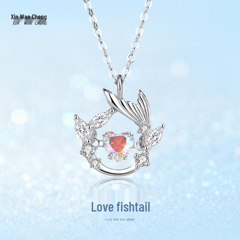 S925 Sterling Silver Heart & Fish Tail Necklace - Versatile Niche Design, Forest Style Clavicle Chain